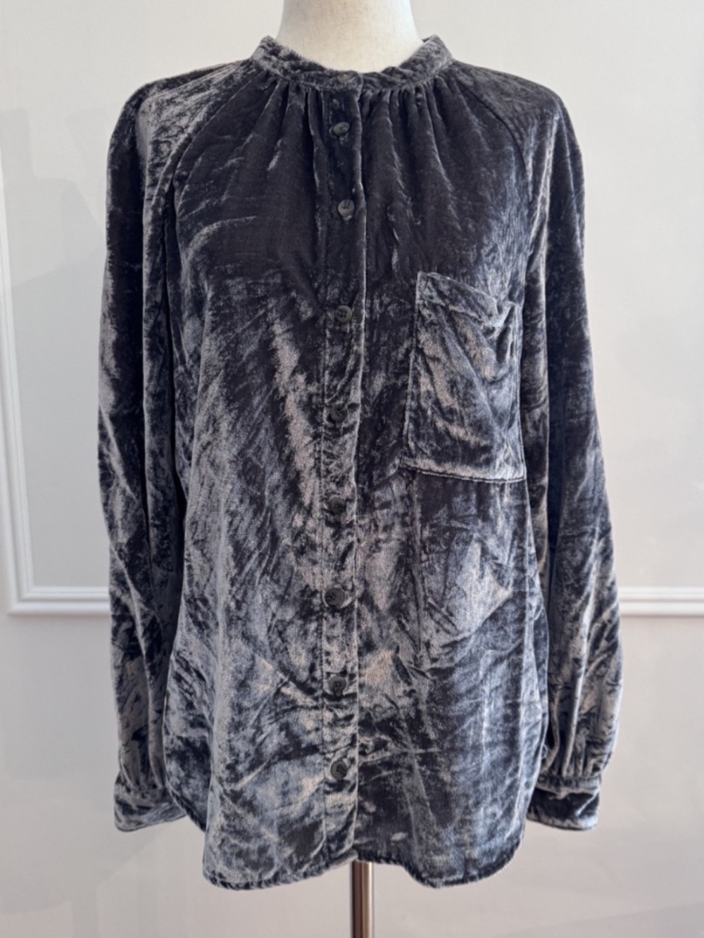 Pilcro Anthropologie Crushed Velvet Button Down Shirt S Steel Blue Boho